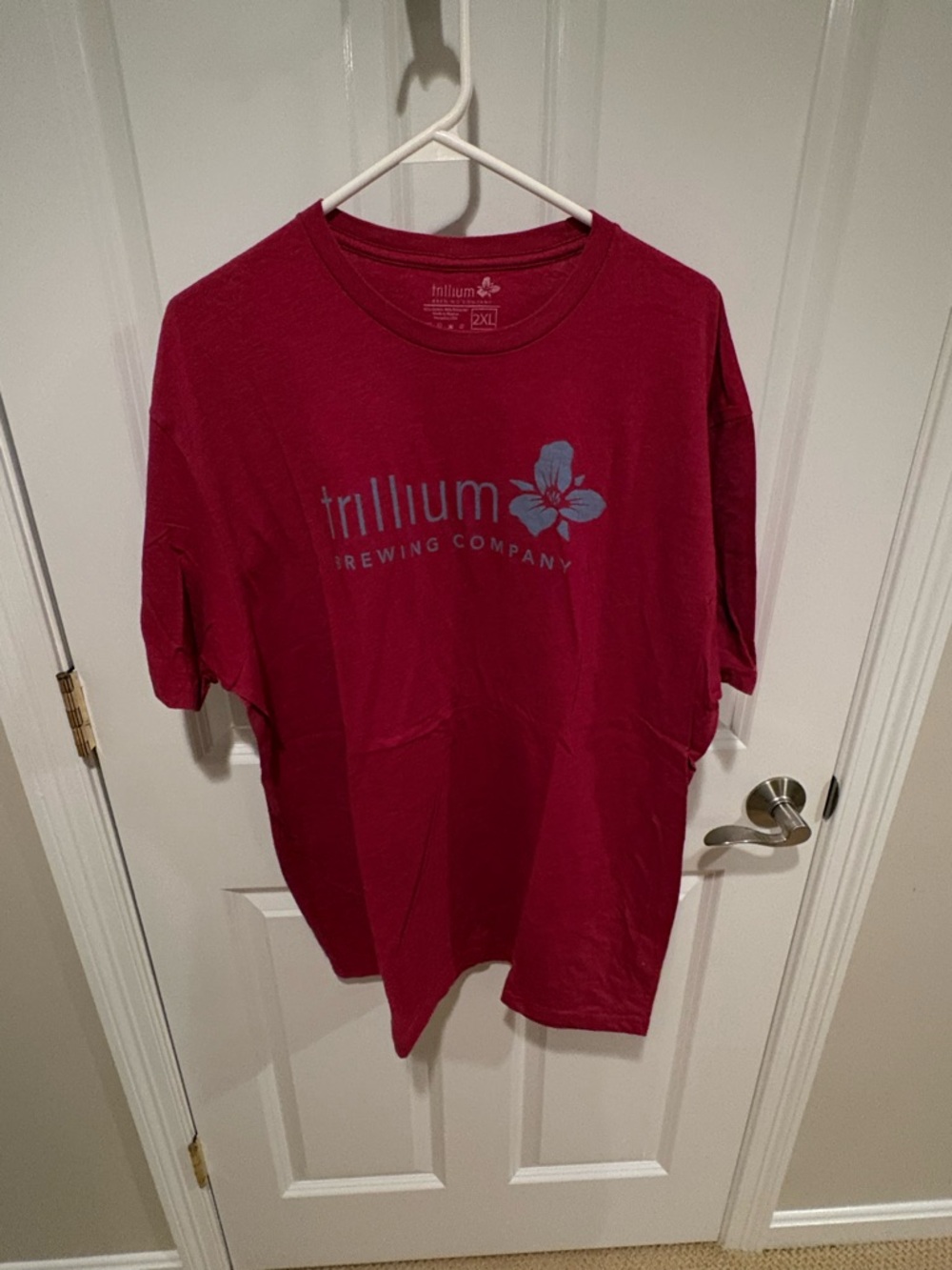 NWOT Trillium Red Crew Neck Tee with Pale Blue Logo